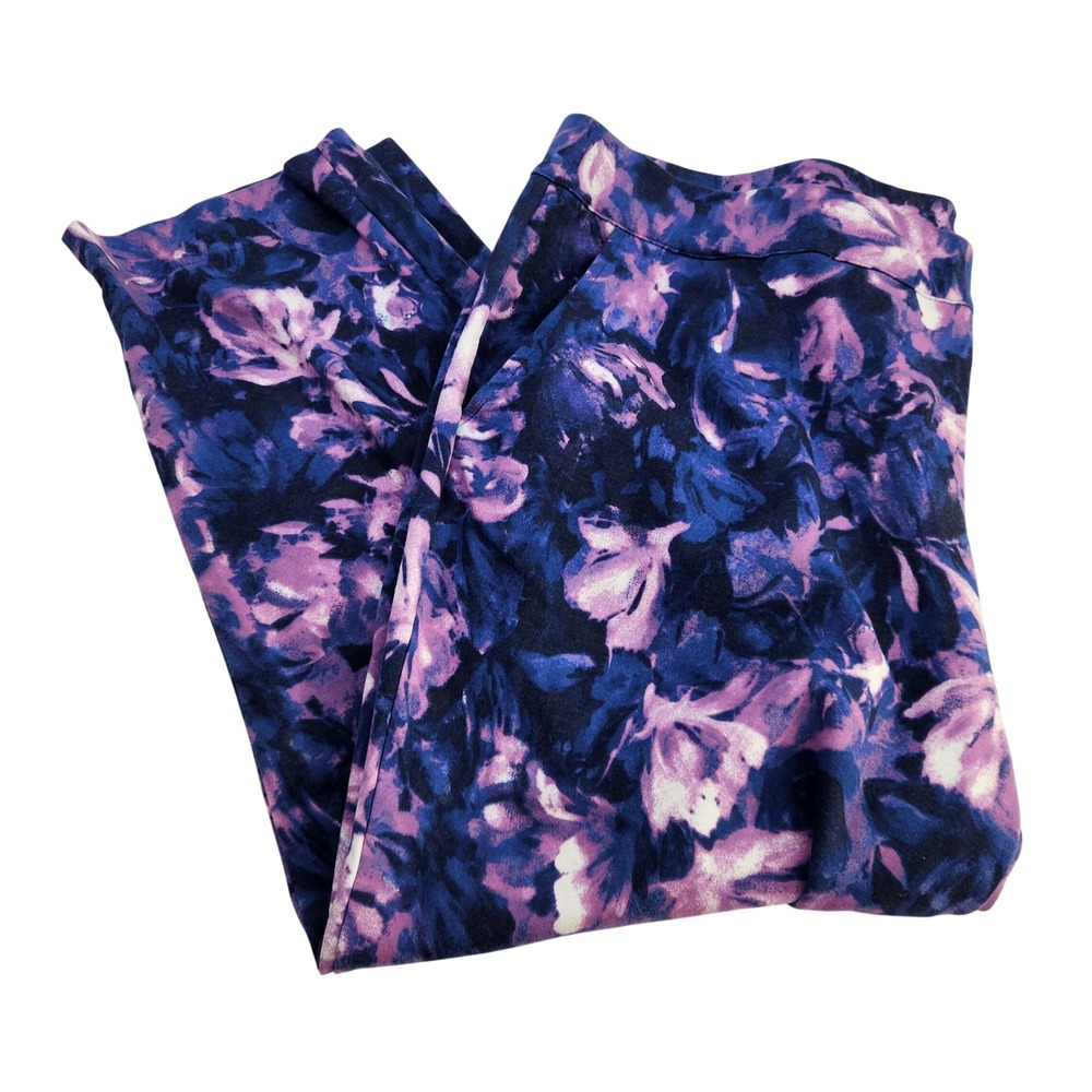 Bob Mackie Wearable Art Womens XL Floral Print Blue Purple Cropped Capri Pants